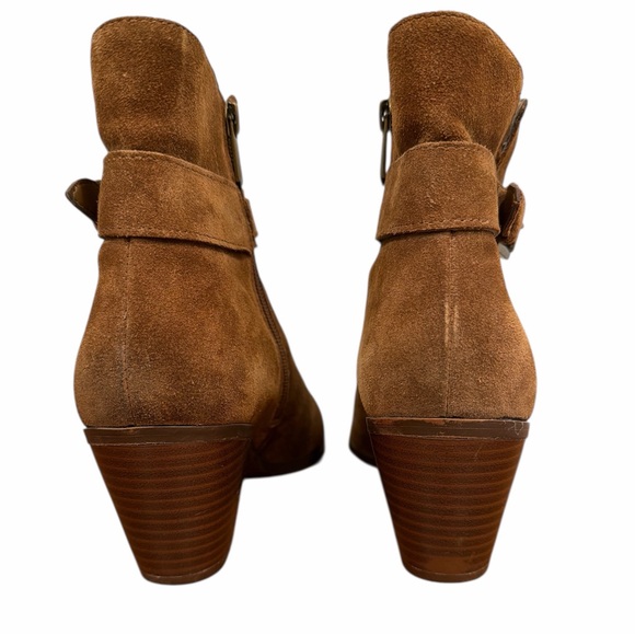 Sam Edelman Lynne Cognac Suede Ankle Booties Block Heel Buckle Zip Sz 8 - Picture 5 of 11